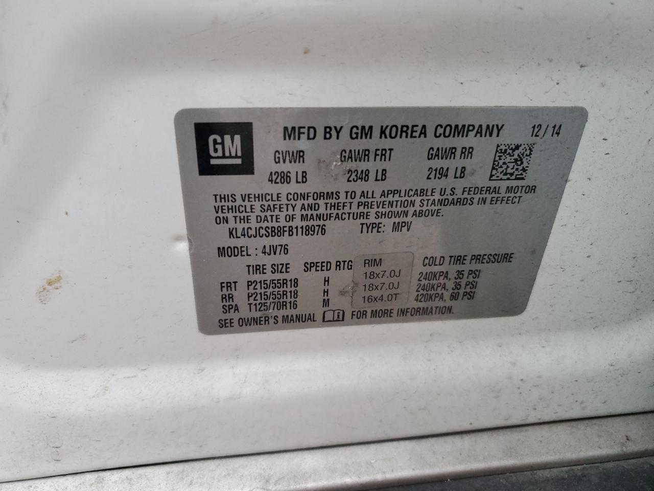 2015 Buick Encore VIN: KL4CJCSB8FB118976 Lot: 93125945