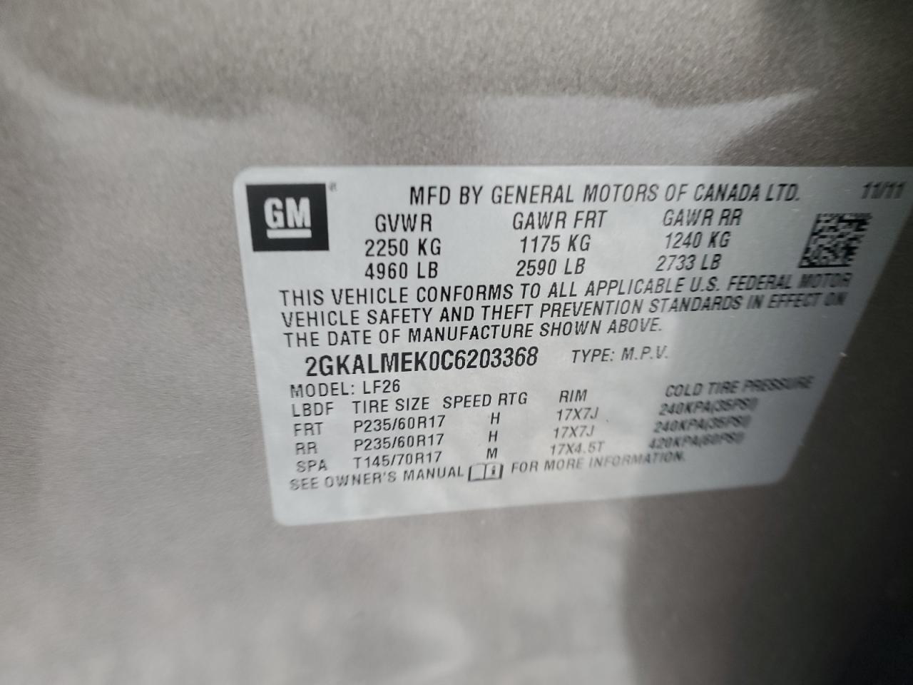 2012 GMC Terrain Sle VIN: 2GKALMEK0C6203368 Lot: 91985285