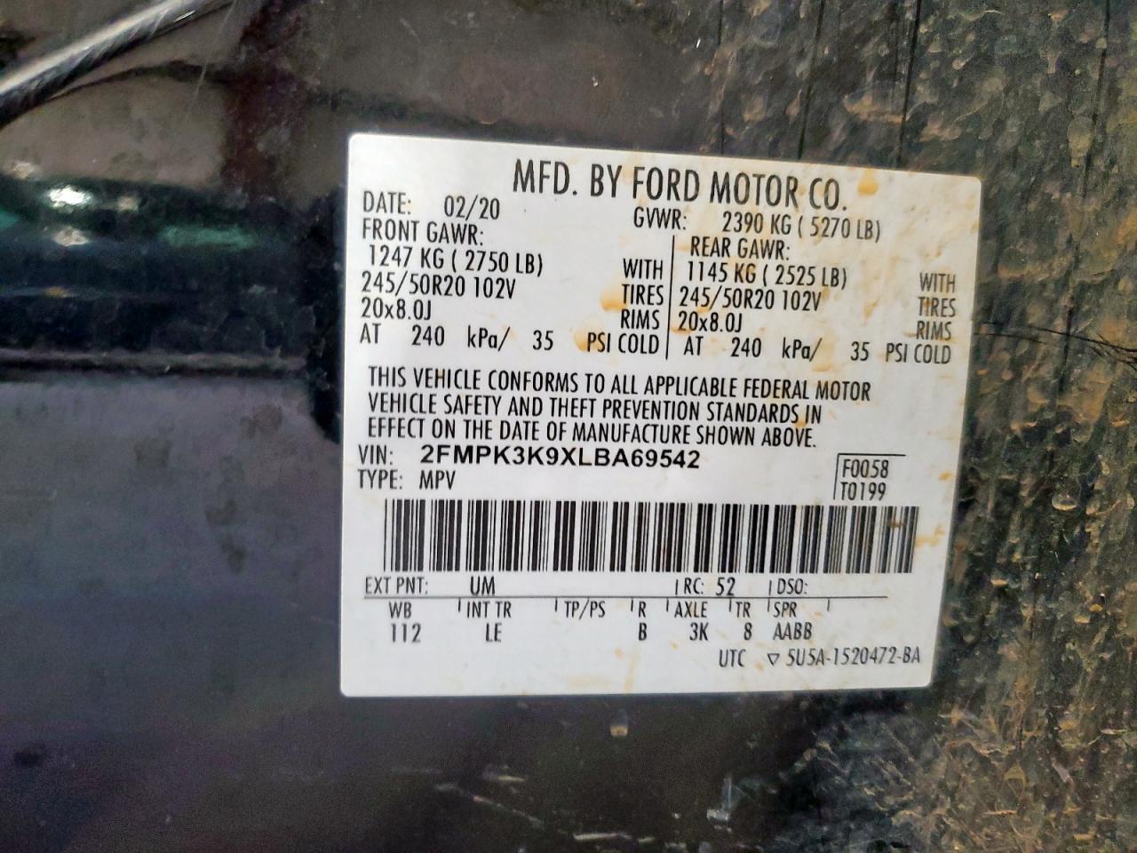 2020 Ford Edge Titanium VIN: 2FMPK3K9XLBA69542 Lot: 92531985