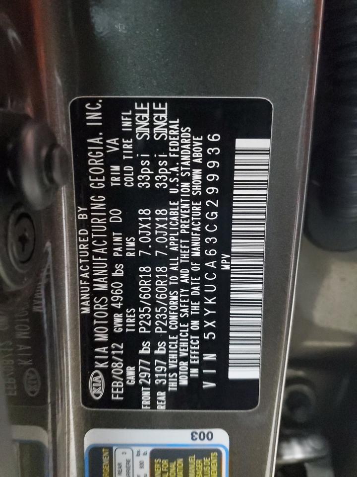 2012 Kia Sorento Ex VIN: 5XYKUCA63CG299936 Lot: 93011615