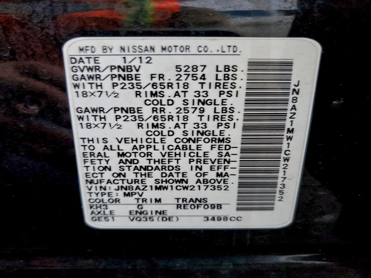 2012 Nissan Murano S VIN: JN8AZ1MW1CW217352 Lot: 94519375