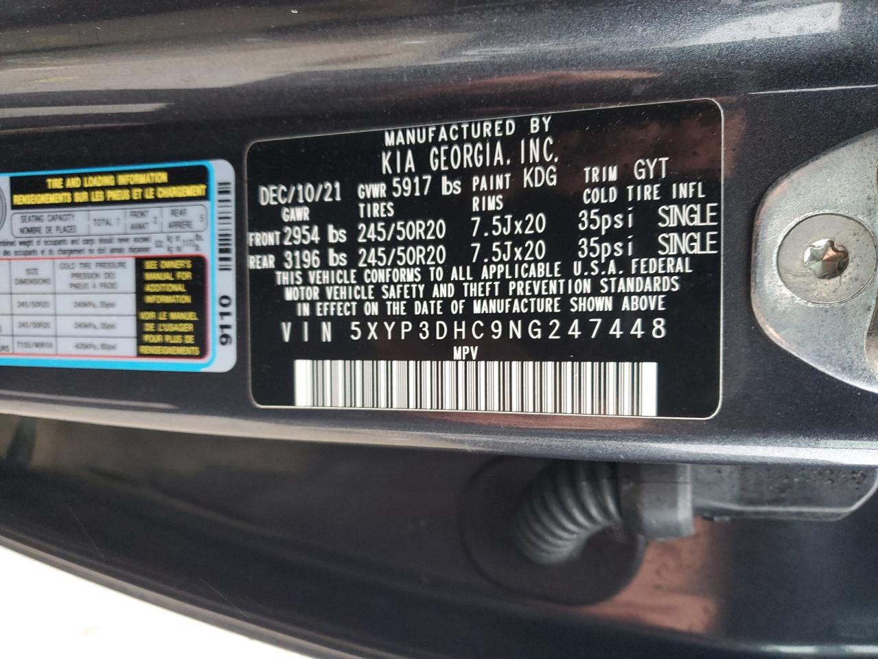 2022 Kia Telluride Ex VIN: 5XYP3DHC9NG247448 Lot: 92921965