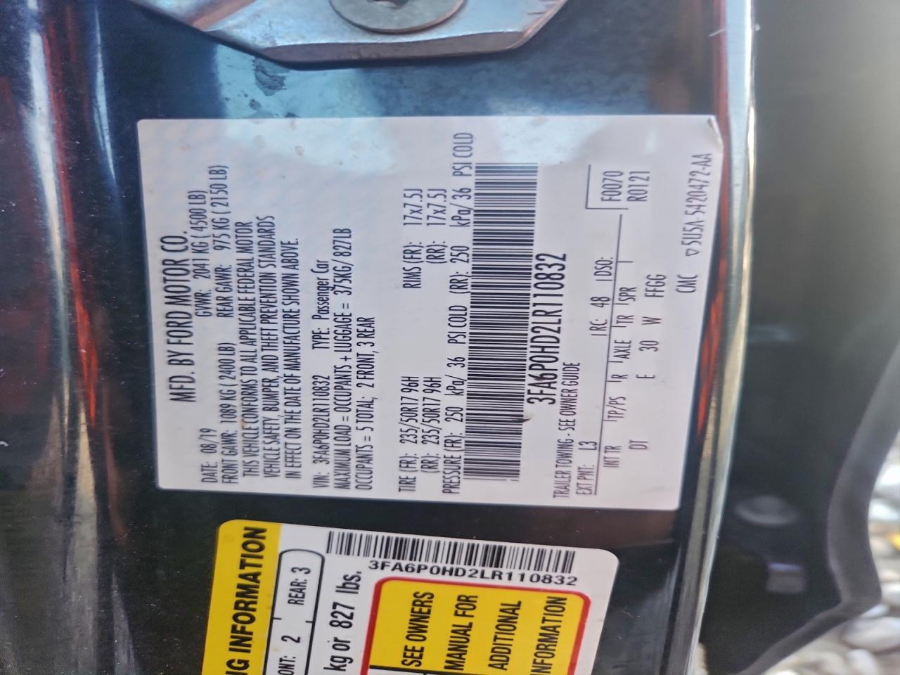 2020 Ford Fusion Se VIN: 3FA6P0HD2LR110832 Lot: 91899635