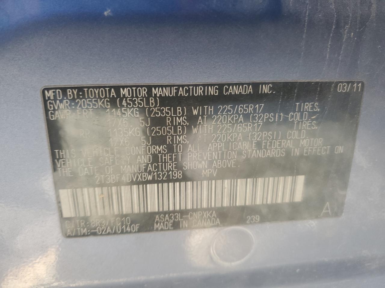 2011 Toyota Rav4 VIN: 2T3BF4DVXBW132198 Lot: 92715135