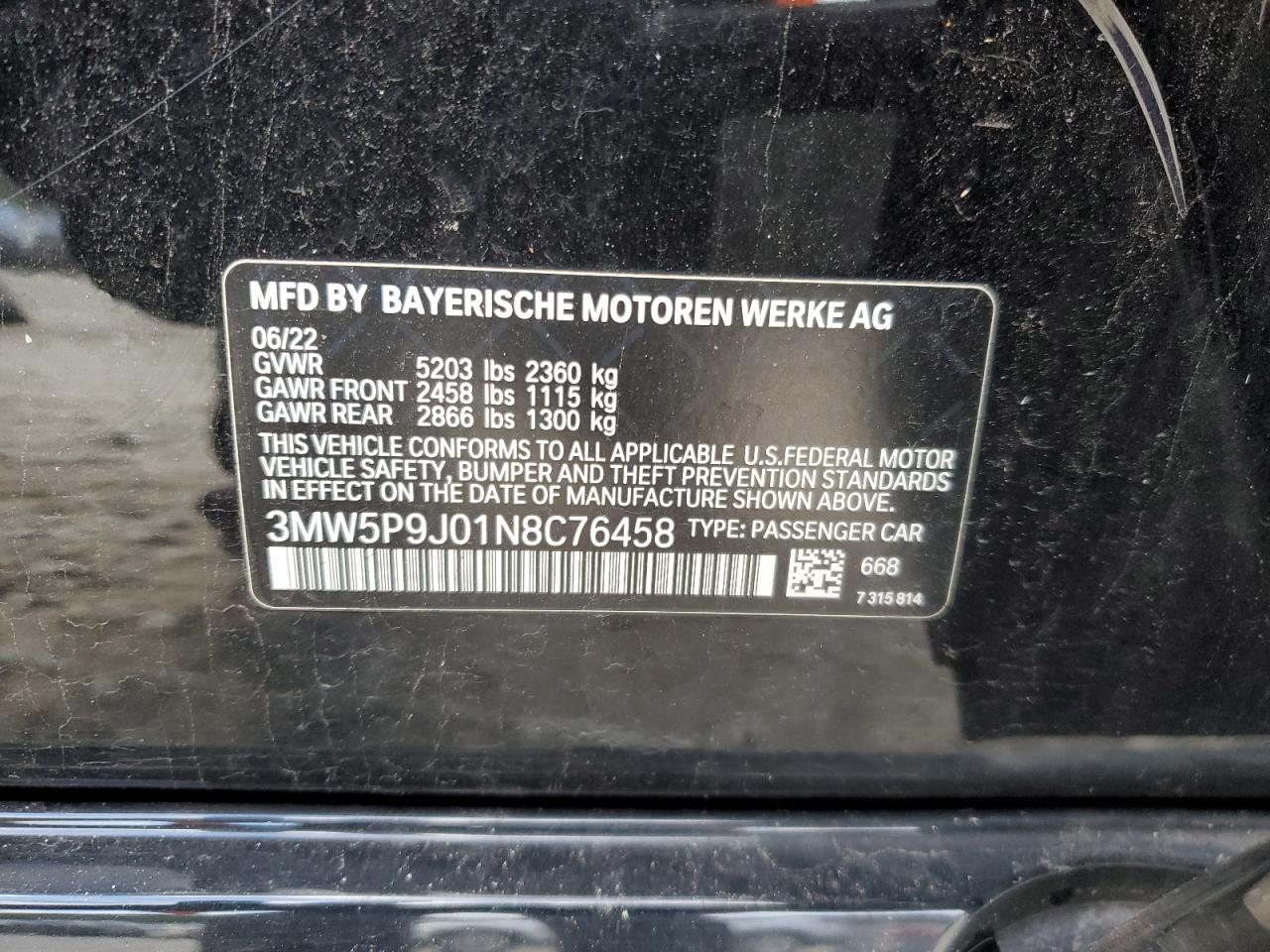 2022 BMW 330Xe VIN: 3MW5P9J01N8C76458 Lot: 92066845