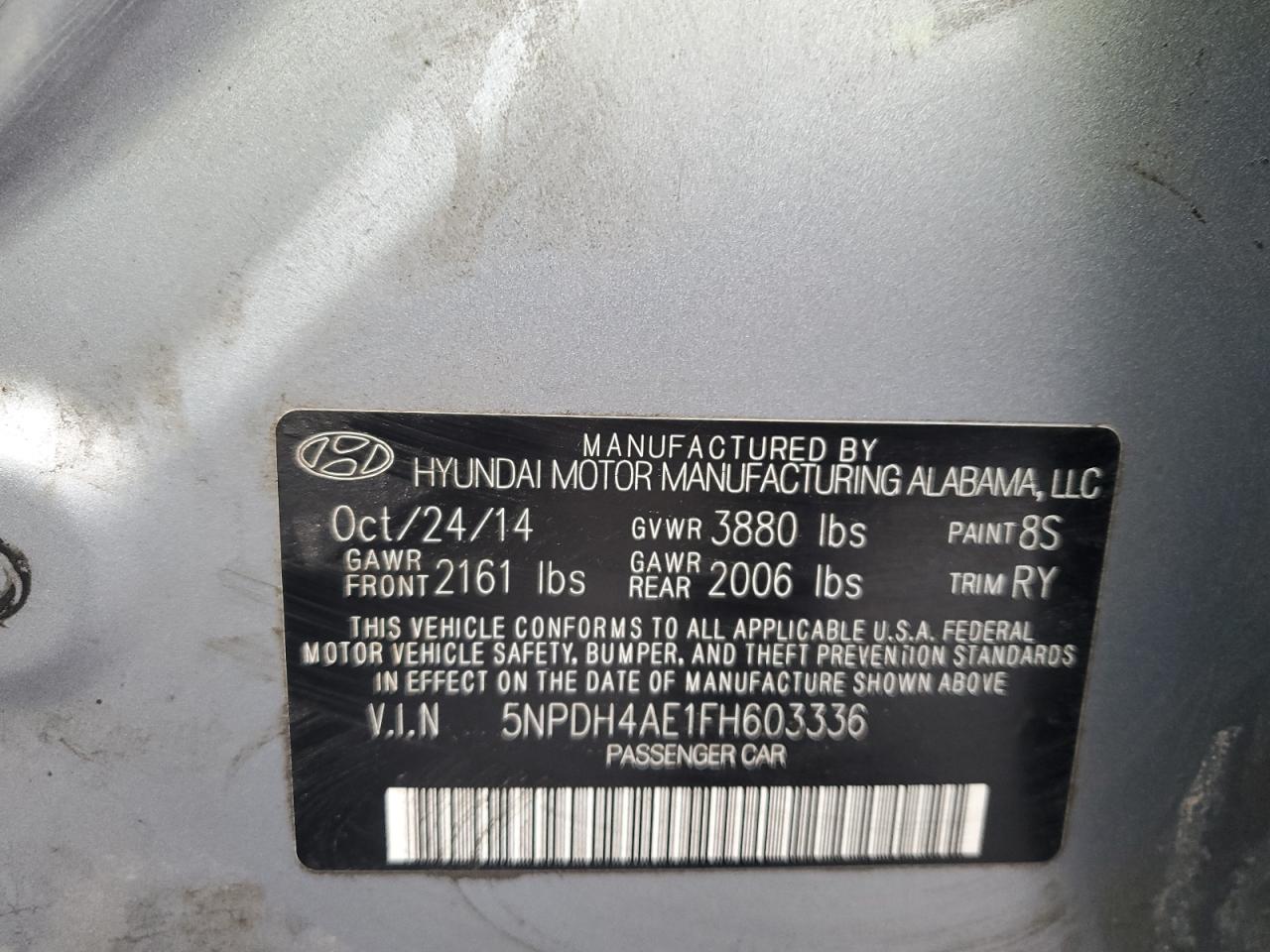 2015 Hyundai Elantra Se VIN: 5NPDH4AE1FH603336 Lot: 91812295