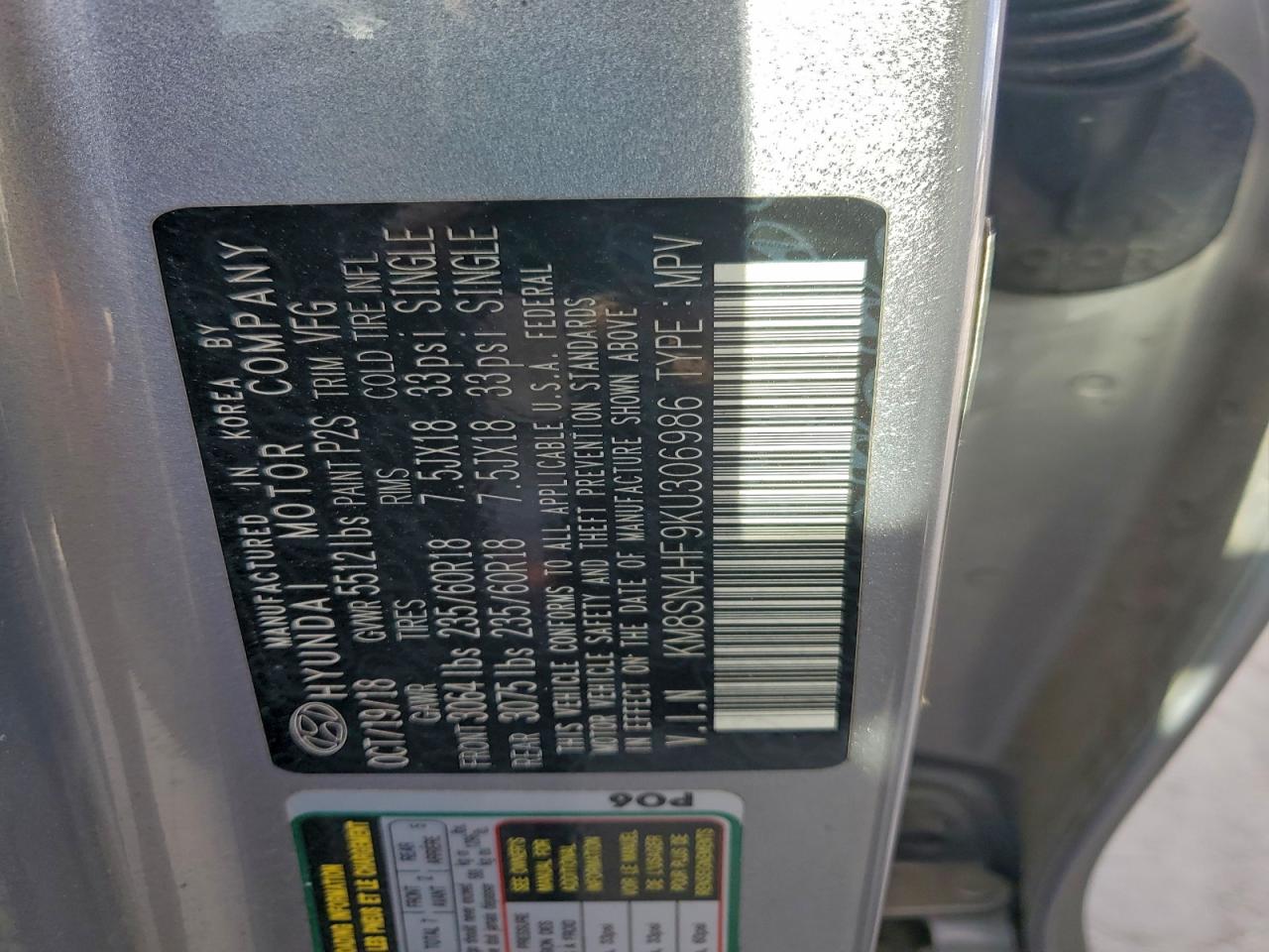 2019 Hyundai Santa Fe Xl Se VIN: KM8SN4HF9KU306986 Lot: 94170705