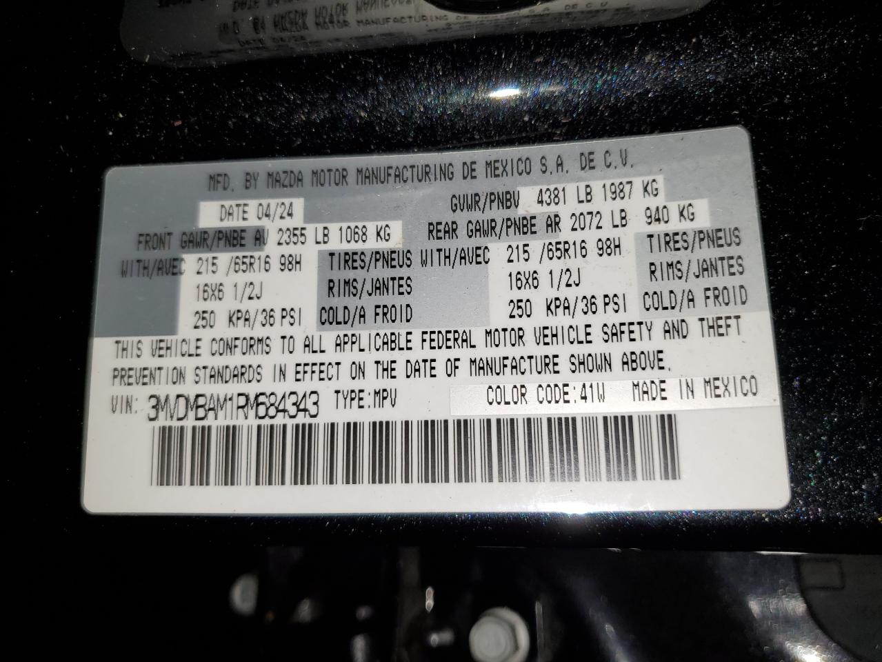 2024 Mazda Cx-30 VIN: 3MVDMBAM1RM684343 Lot: 93485005