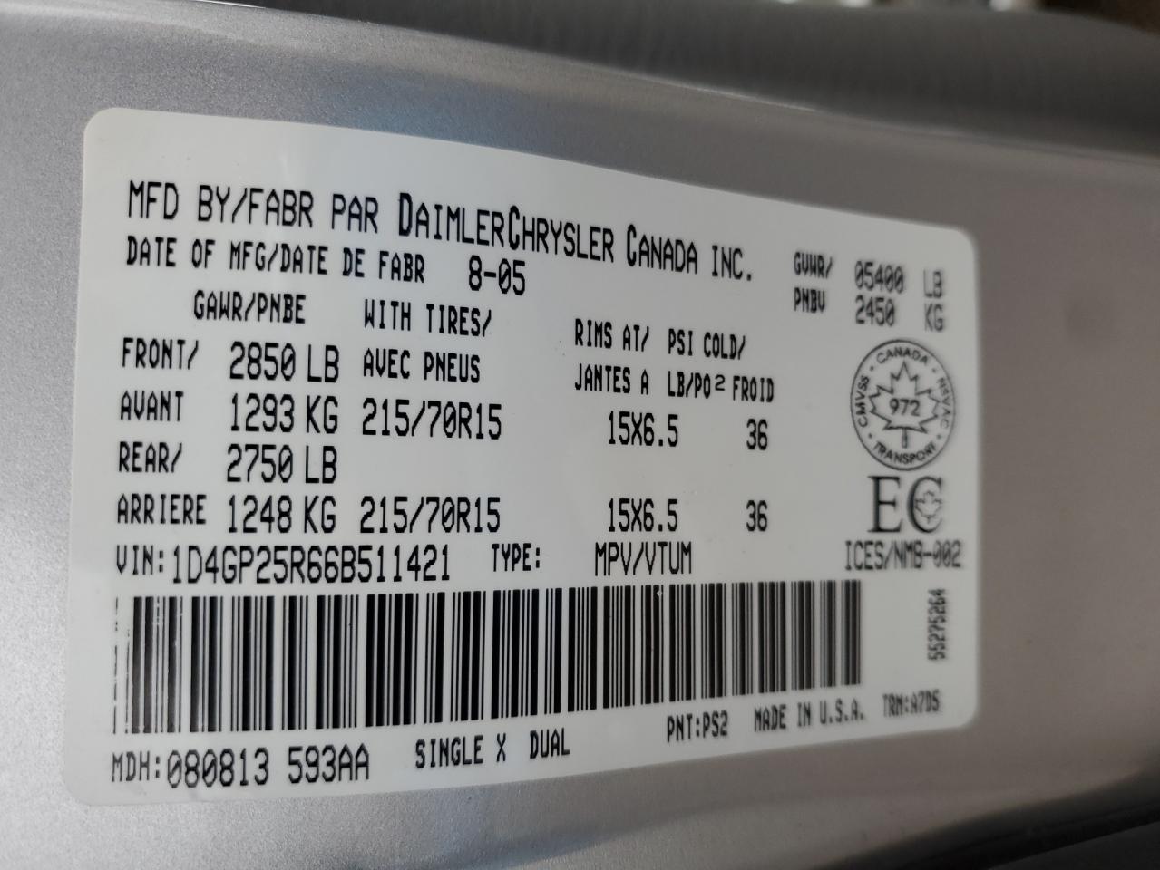 2006 Dodge Caravan Se VIN: 1D4GP25R66B511421 Lot: 92035655