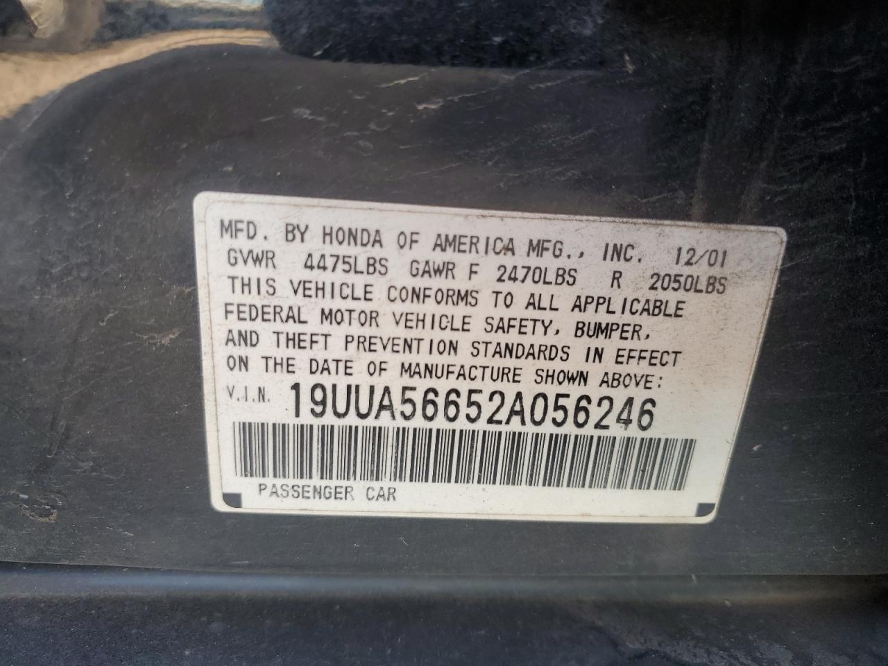 2002 Acura 3.2Tl VIN: 19UUA56652A056246 Lot: 93039505