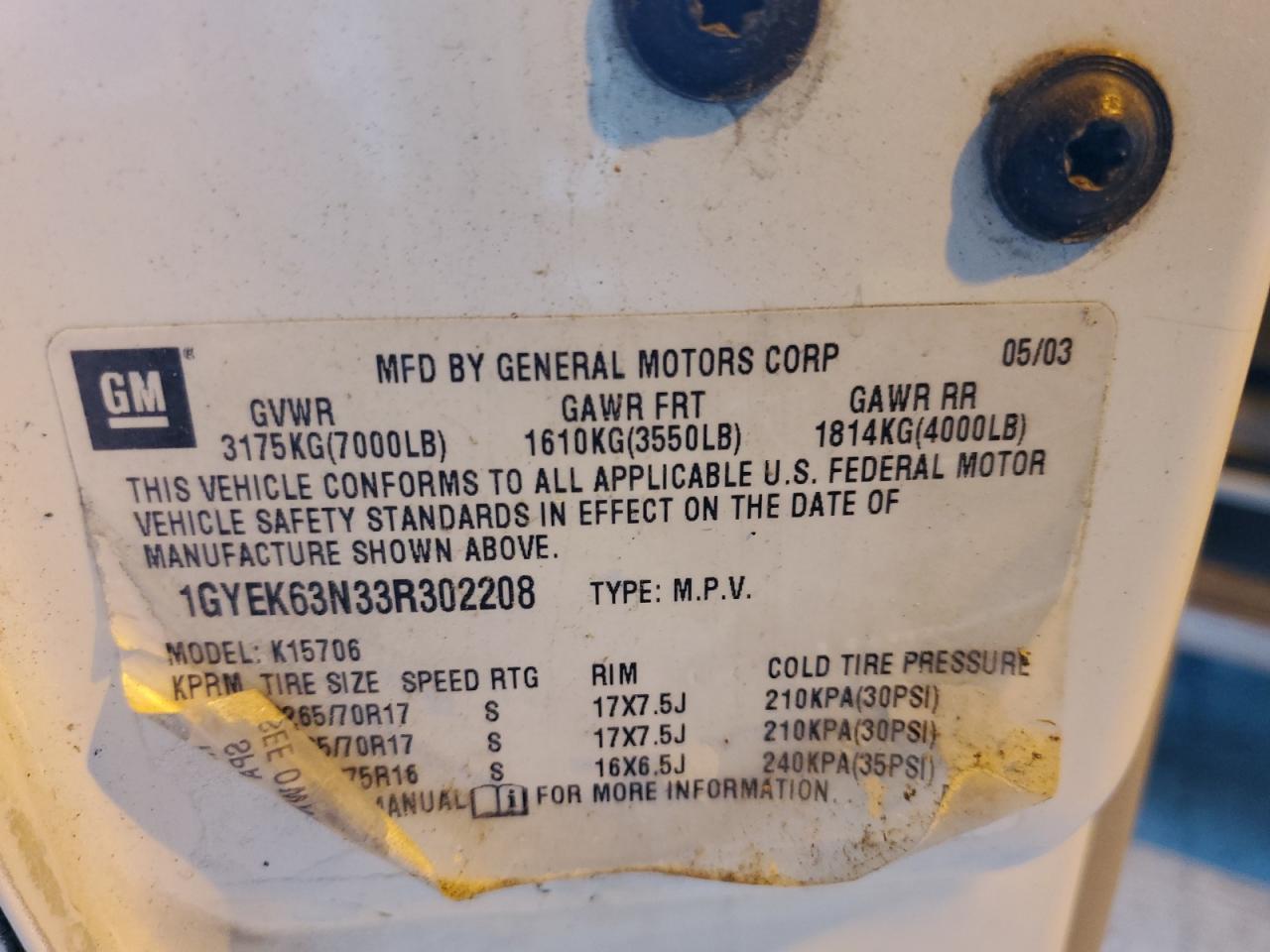 2003 Cadillac Escalade Luxury VIN: 1GYEK63N33R302208 Lot: 91518005