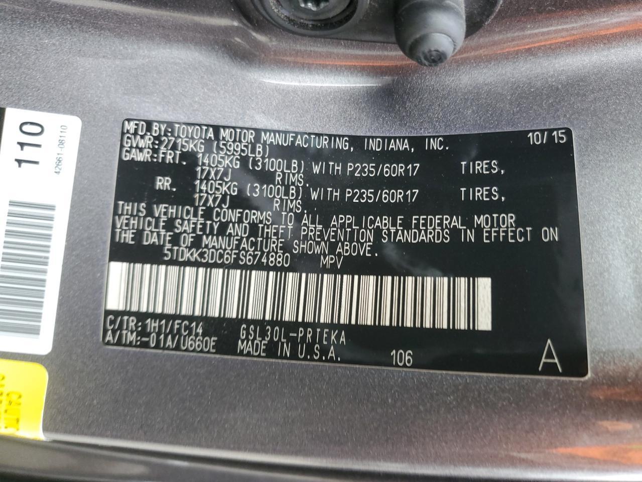 2015 Toyota Sienna Le VIN: 5TDKK3DC6FS674880 Lot: 85402375