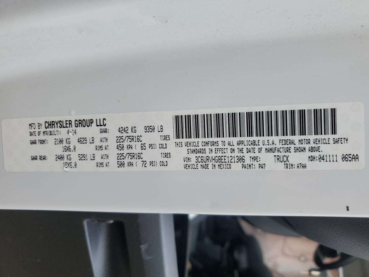 2014 Ram Promaster 3500 3500 High VIN: 3C6URVHG8EE121306 Lot: 91440405