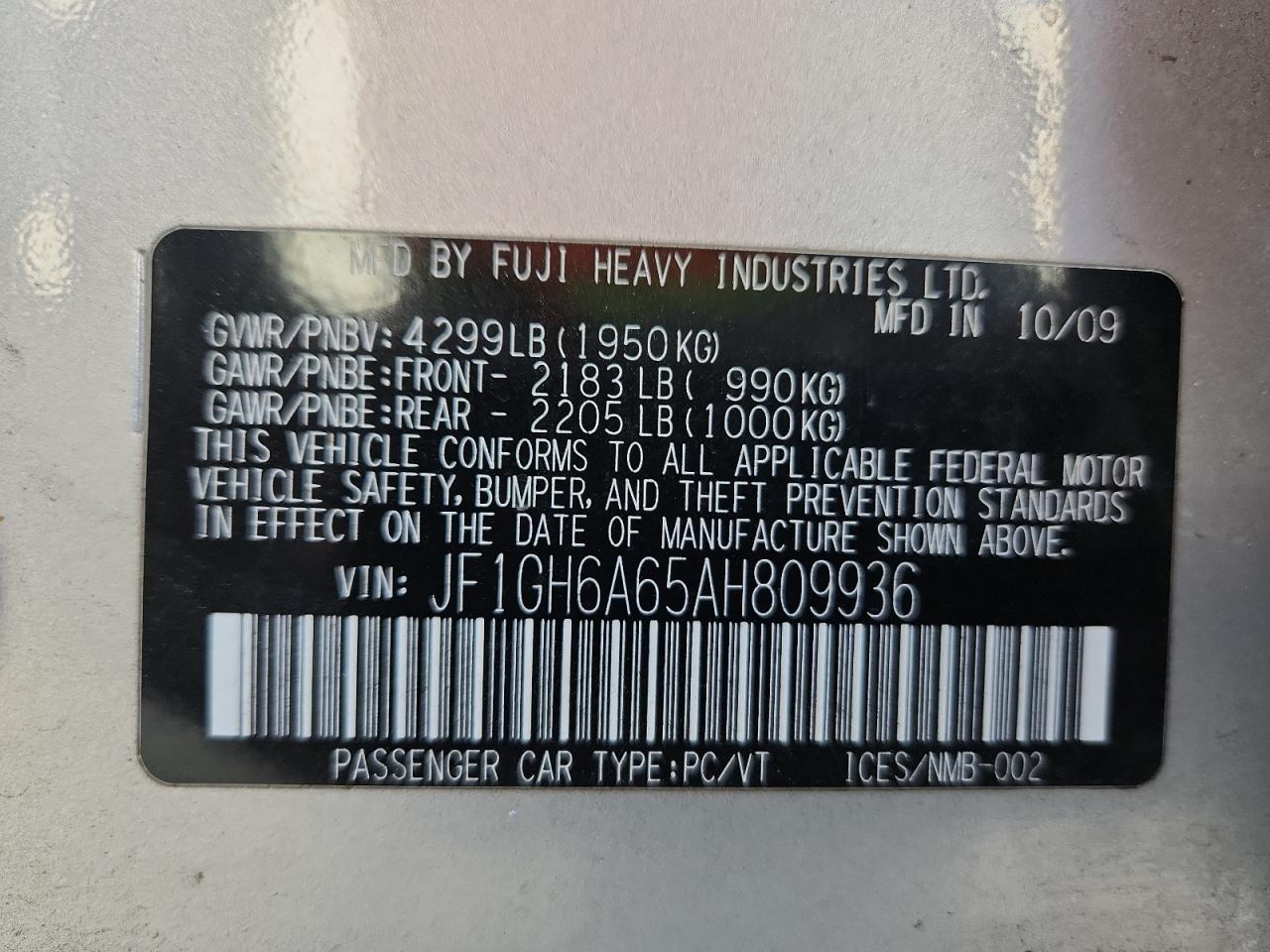 2010 Subaru Impreza 2.5I VIN: JF1GH6A65AH809936 Lot: 91309125