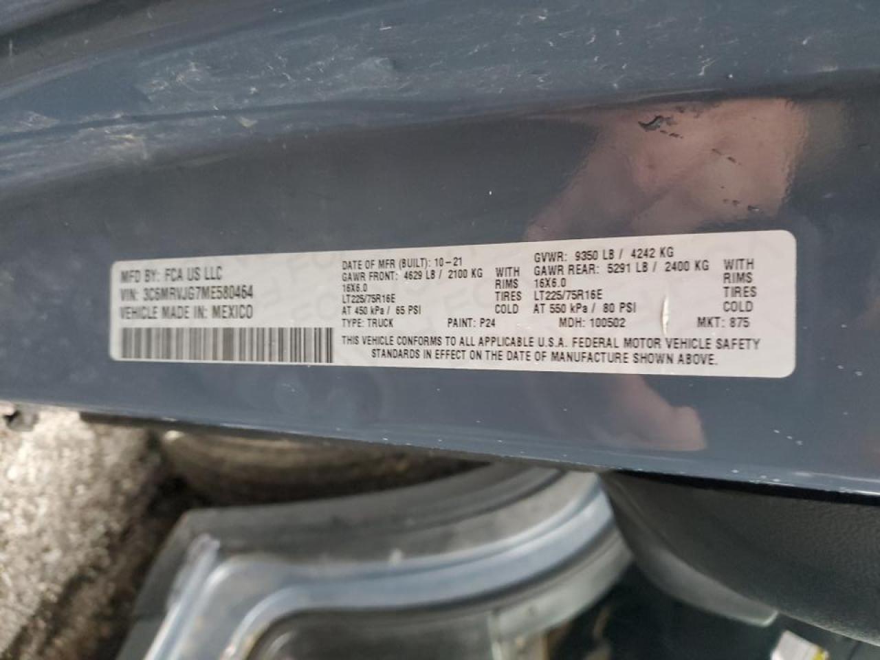 2021 Ram Promaster 3500 Delivery Van VIN: 3C6MRVJG7ME580464 Lot: 90247845