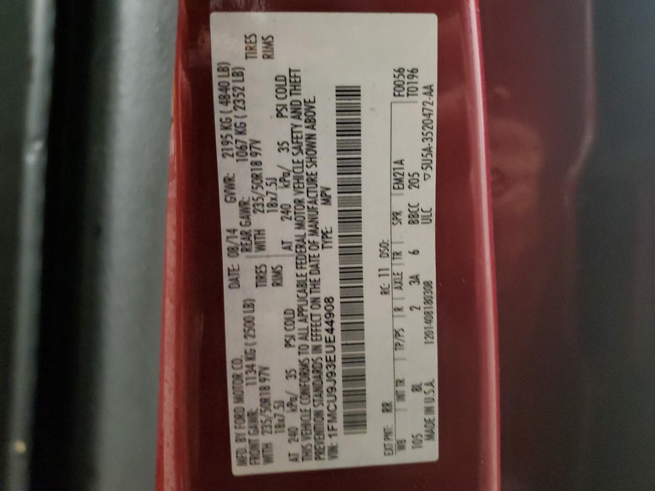 2014 Ford Escape Titanium VIN: 1FMCU9J93EUE44908 Lot: 92877495