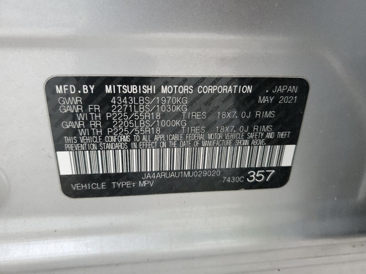 2021 Mitsubishi Outlander Sport Es VIN: JA4ARUAU1MU029020 Lot: 93977225