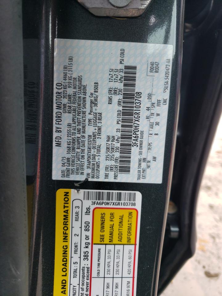 2016 Ford Fusion Se VIN: 3FA6P0H7XGR103708 Lot: 92410185