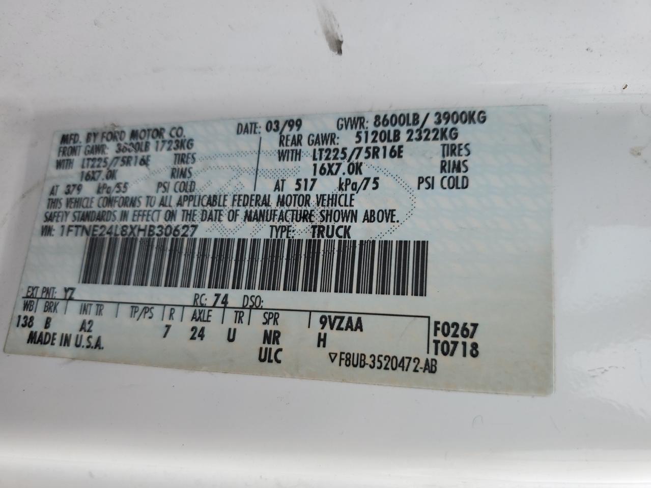 1999 Ford Econoline E250 Van VIN: 1FTNE24L8XHB30627 Lot: 92241555