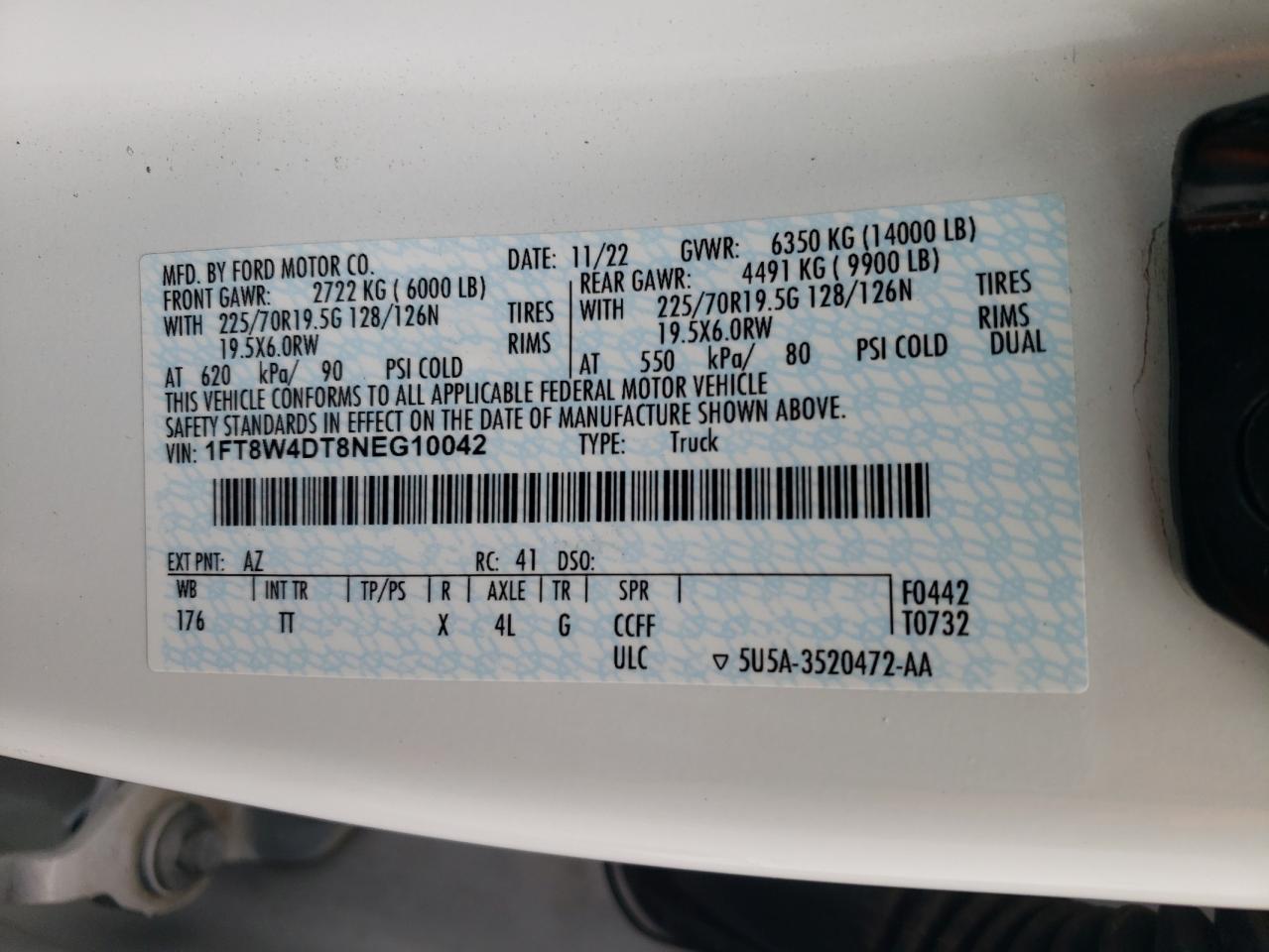 2022 Ford F450 Super Duty VIN: 1FT8W4DT8NEG10042 Lot: 91709585