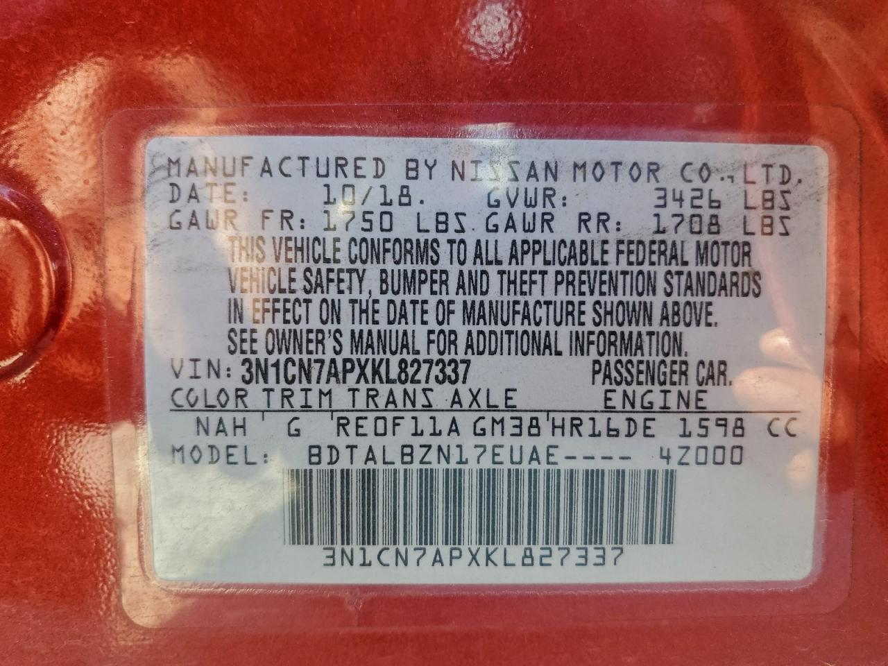 2019 Nissan Versa S VIN: 3N1CN7APXKL827337 Lot: 93821005