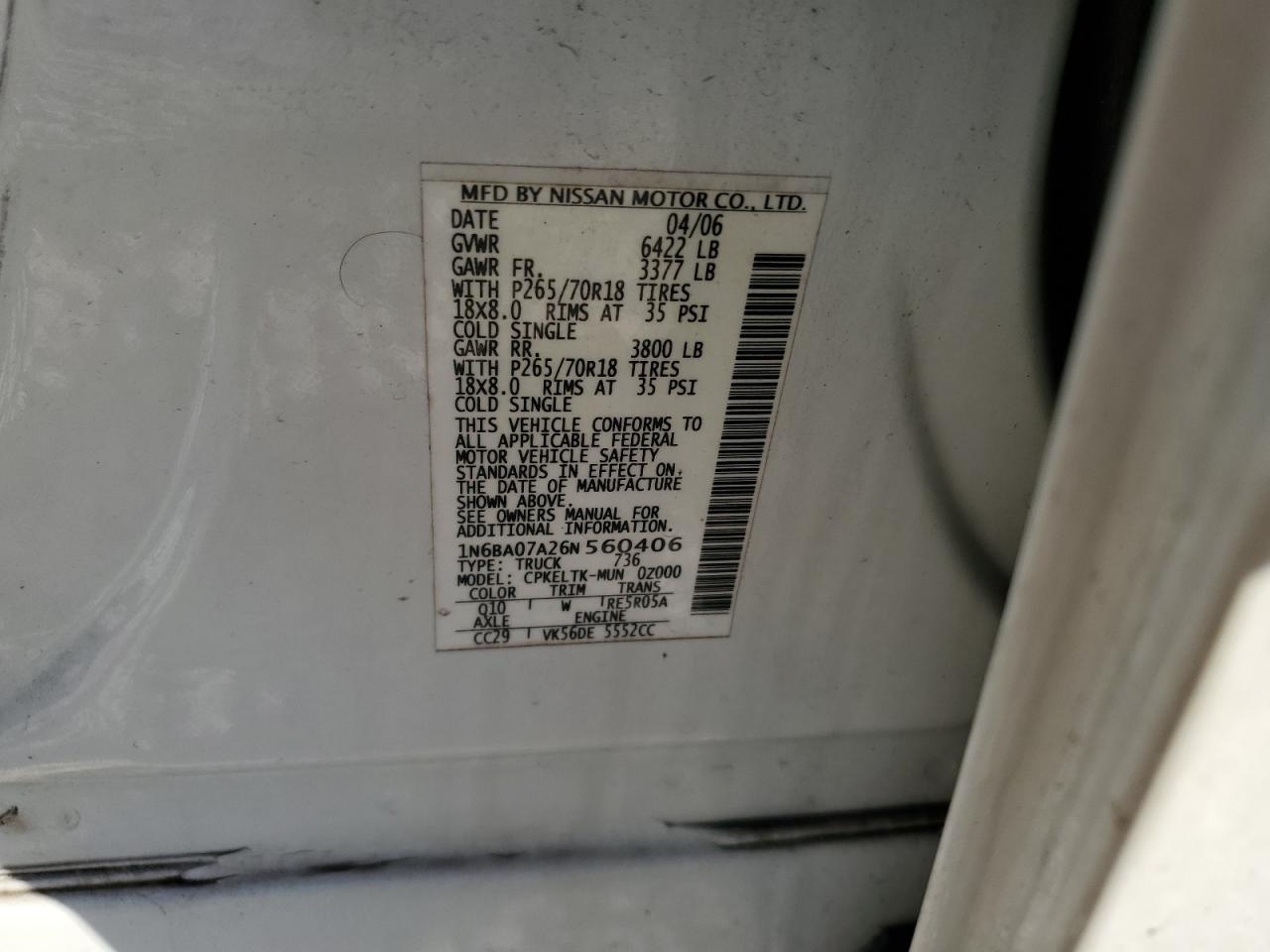 2006 Nissan Titan Xe VIN: 1N6BA07A26N560406 Lot: 93384005