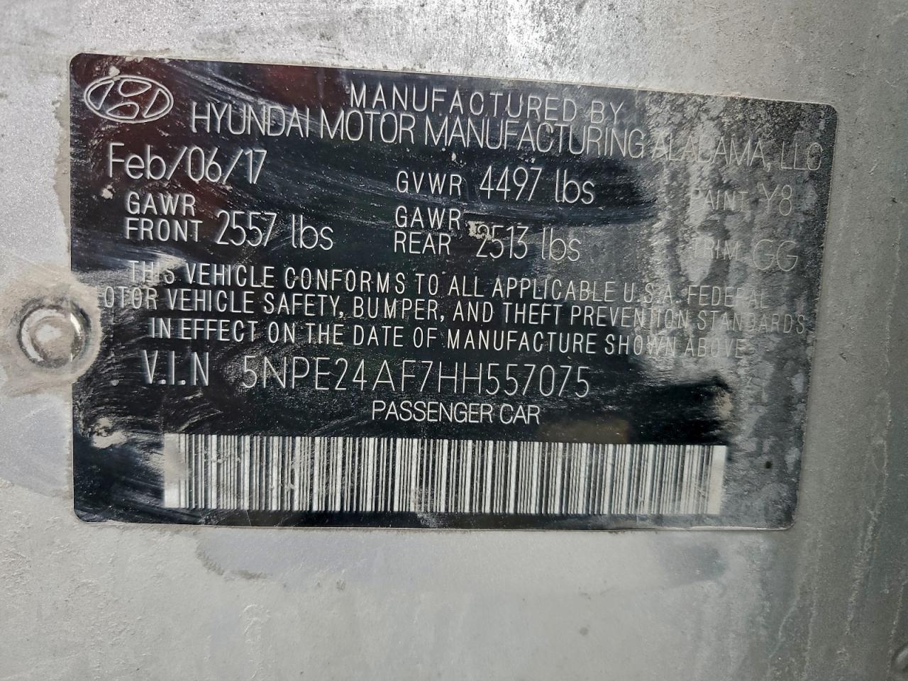 2017 Hyundai Sonata Se VIN: 5NPE24AF7HH557075 Lot: 86771075