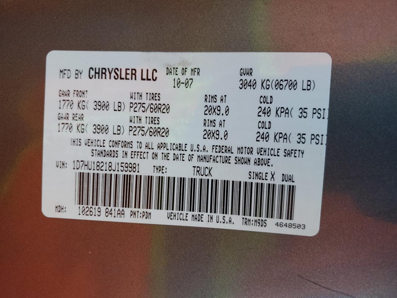 2008 Dodge Ram 1500 St VIN: 1D7HU18218J159981 Lot: 92380255