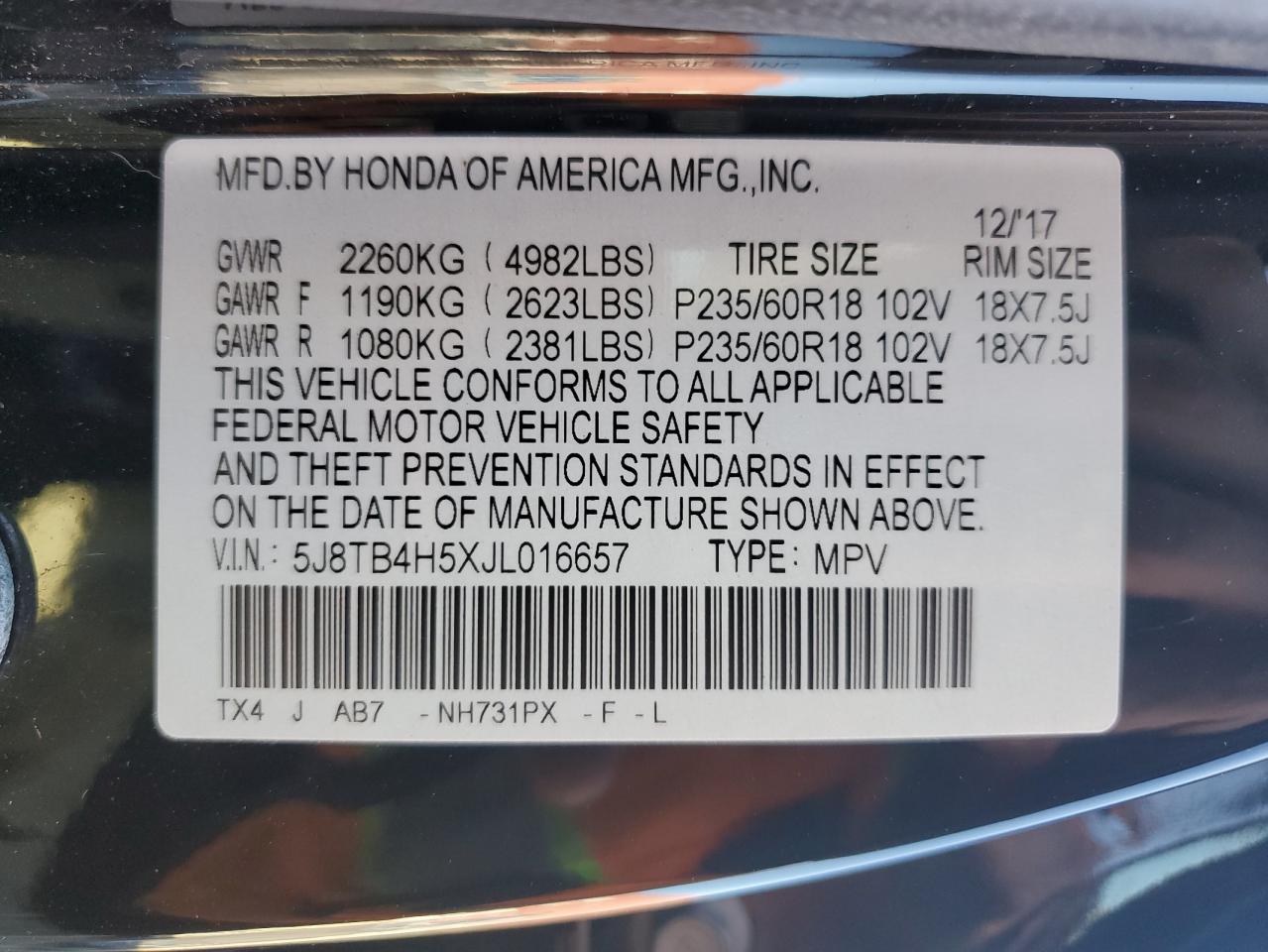 2018 Acura Rdx Technology VIN: 5J8TB4H5XJL016657 Lot: 91558375