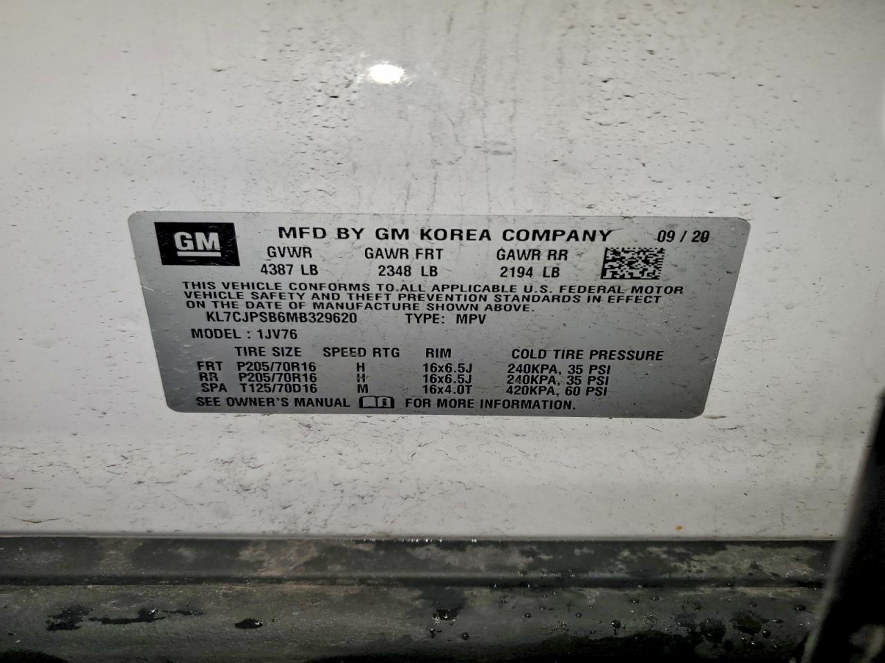 2021 Chevrolet Trax 1Lt VIN: KL7CJPSB6MB329620 Lot: 94271305