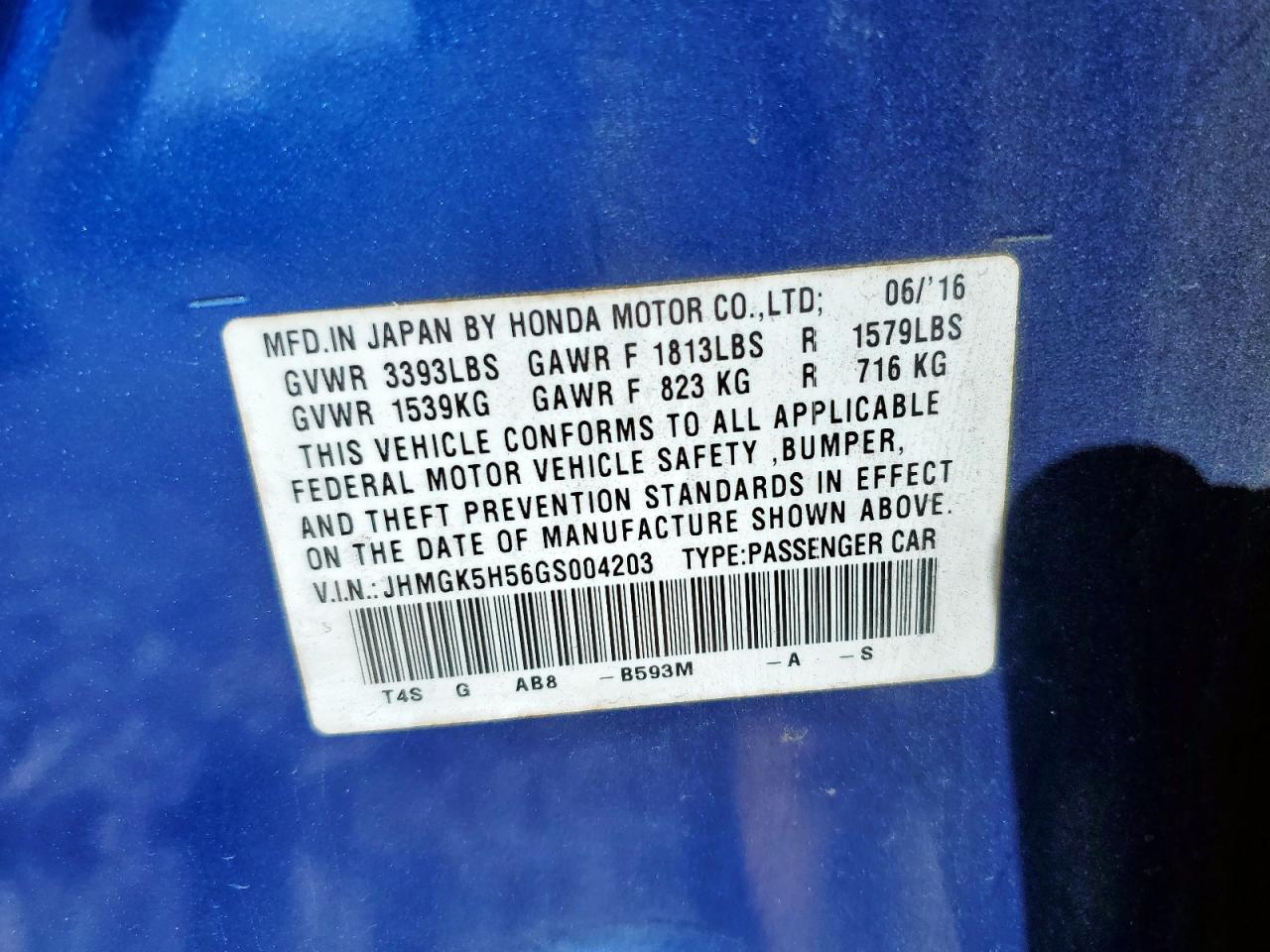 2016 Honda Fit Lx VIN: JHMGK5H56GS004203 Lot: 92360205