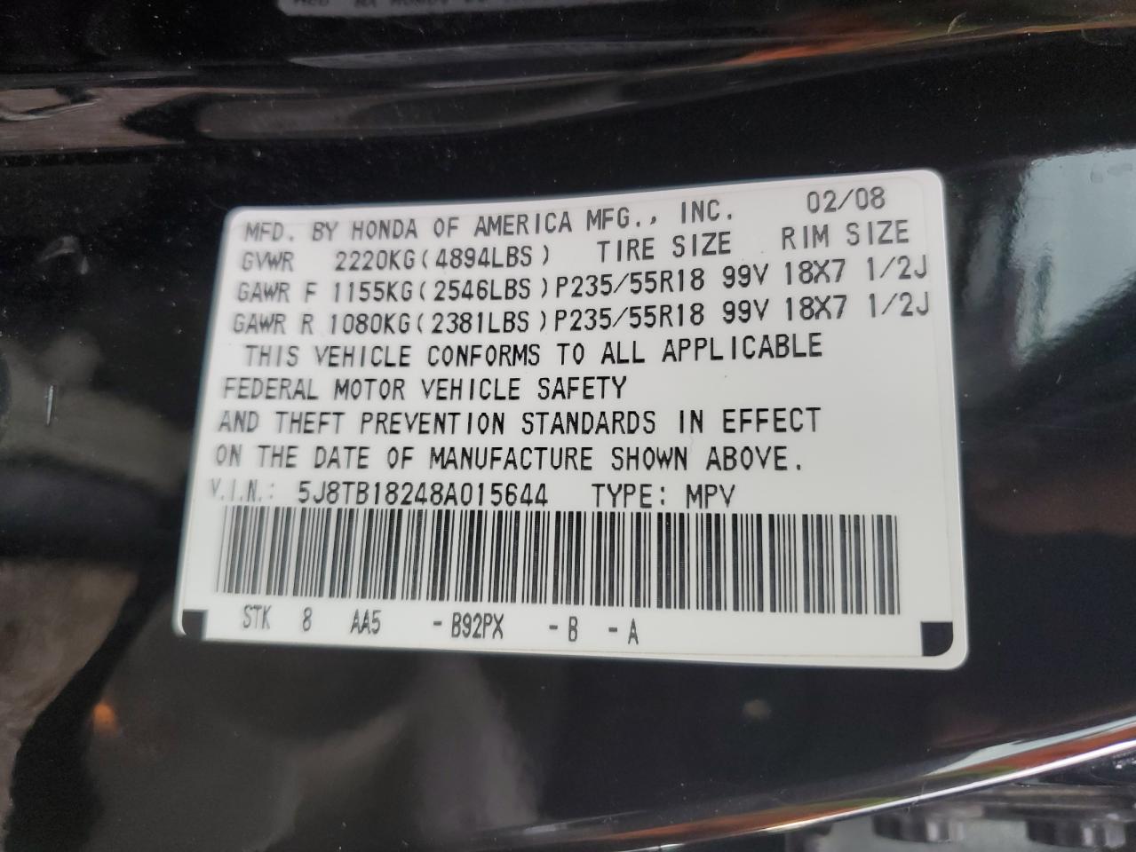 2008 Acura Rdx VIN: 5J8TB18248A015644 Lot: 92706005