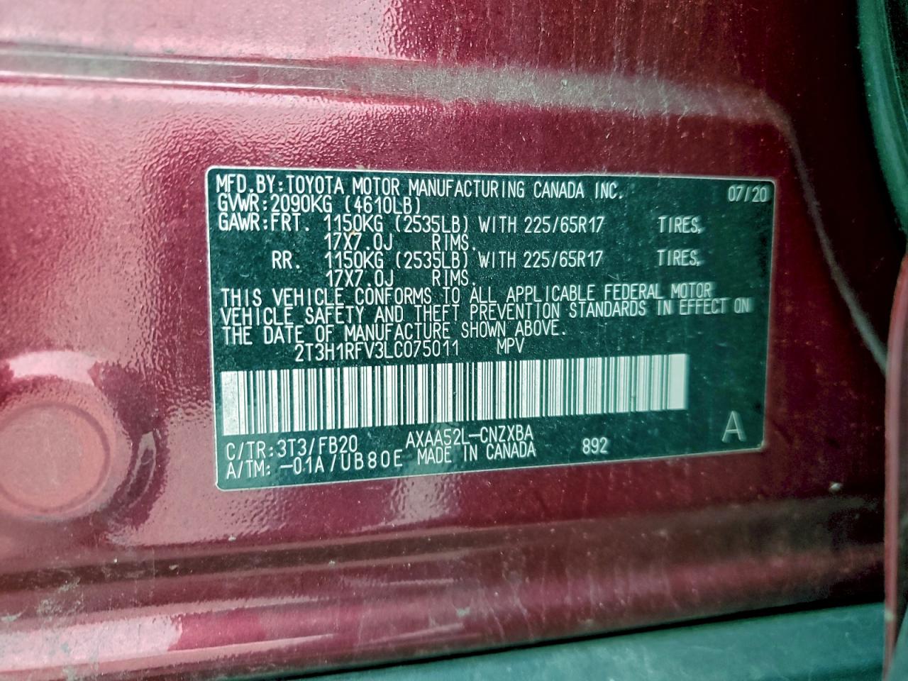 2020 Toyota Rav4 Le VIN: 2T3H1RFV3LC075011 Lot: 94262035