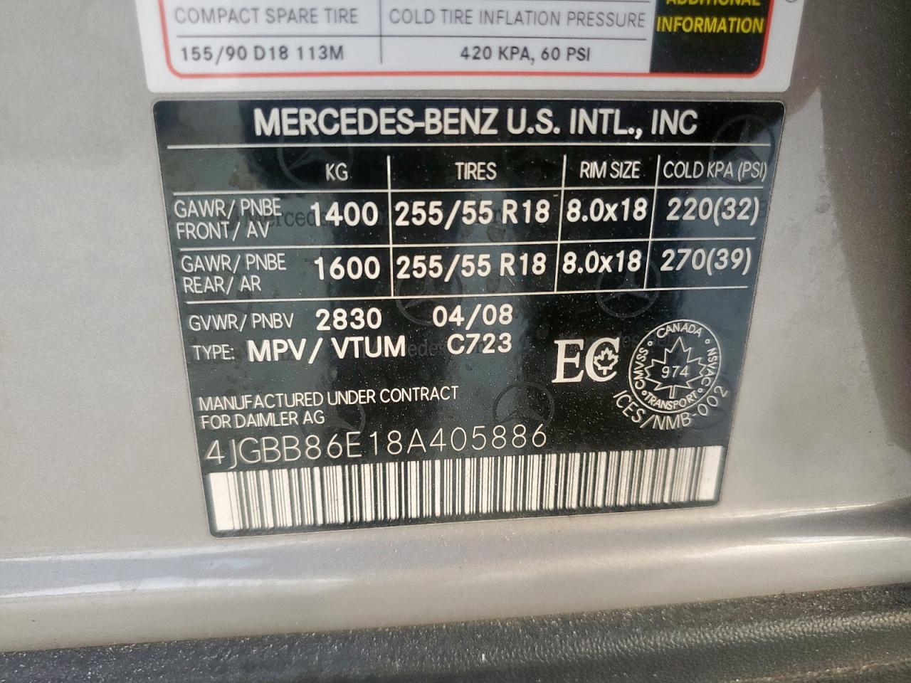 2008 Mercedes-Benz Ml 350 VIN: 4JGBB86E18A405886 Lot: 92193495