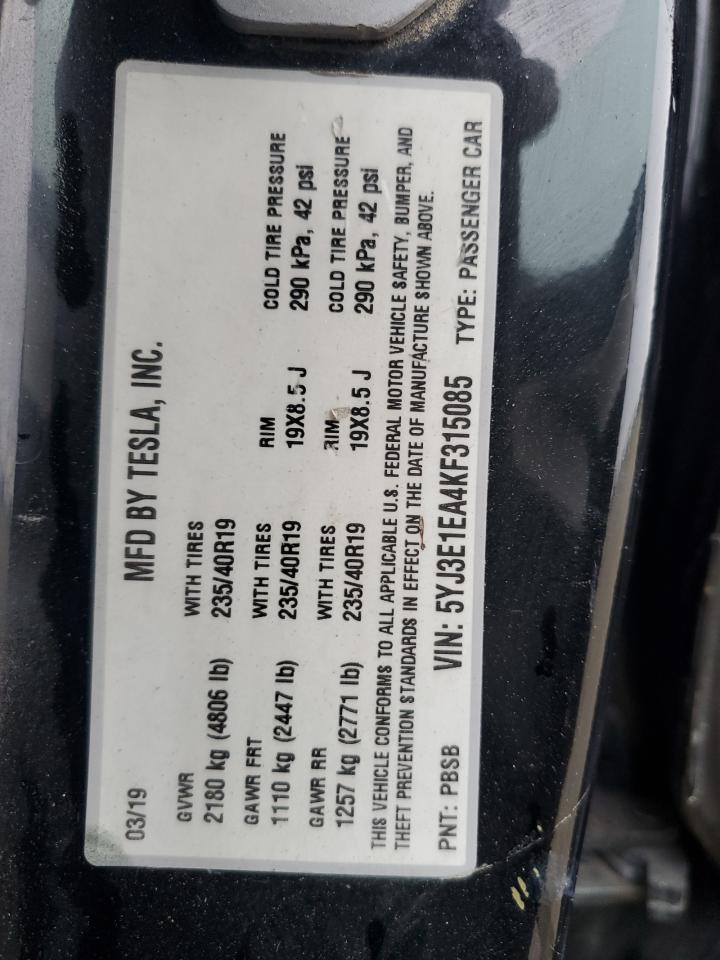 2019 Tesla Model 3 VIN: 5YJ3E1EA4KF315085 Lot: 93146065