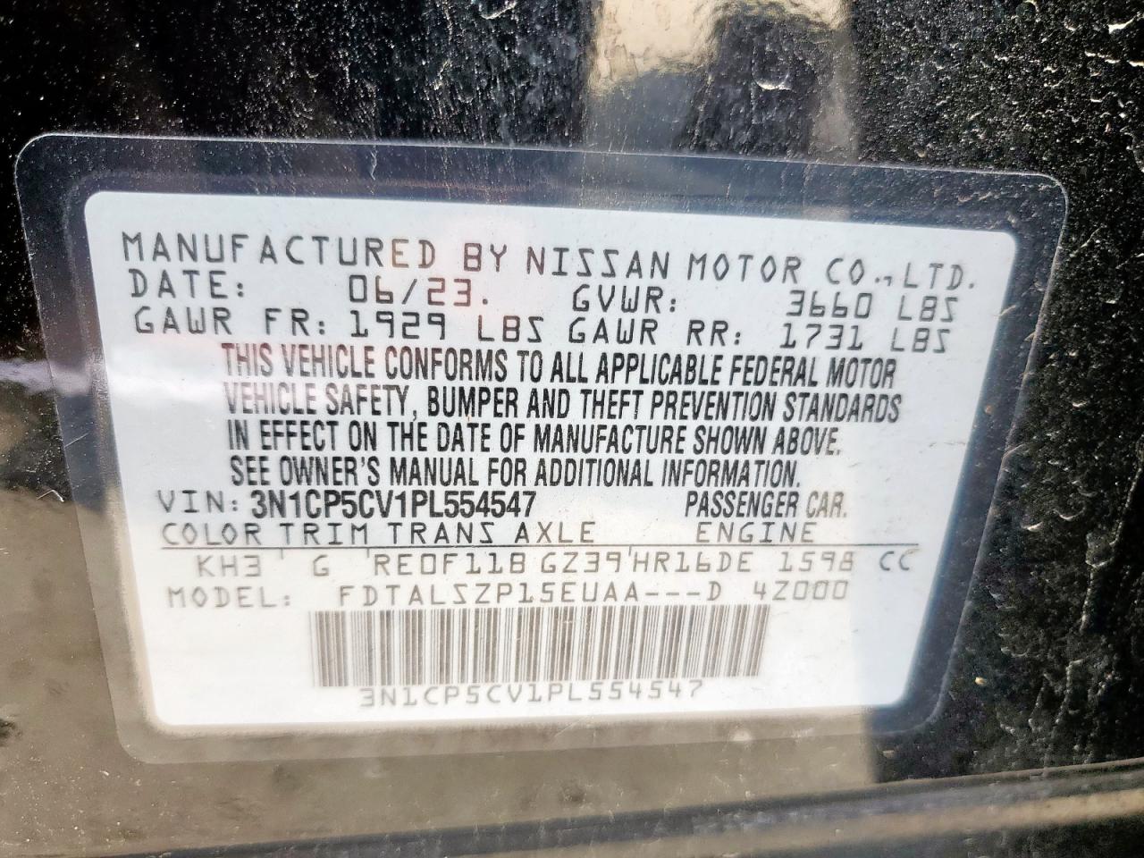 2023 Nissan Kicks Sv VIN: 3N1CP5CV1PL554547 Lot: 93439365