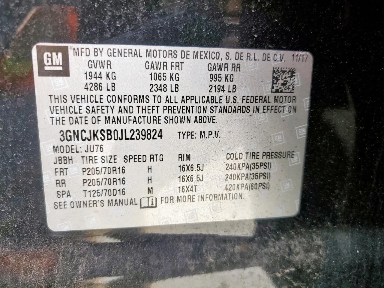 2018 Chevrolet Trax Ls VIN: 3GNCJKSB0JL239824 Lot: 92926615