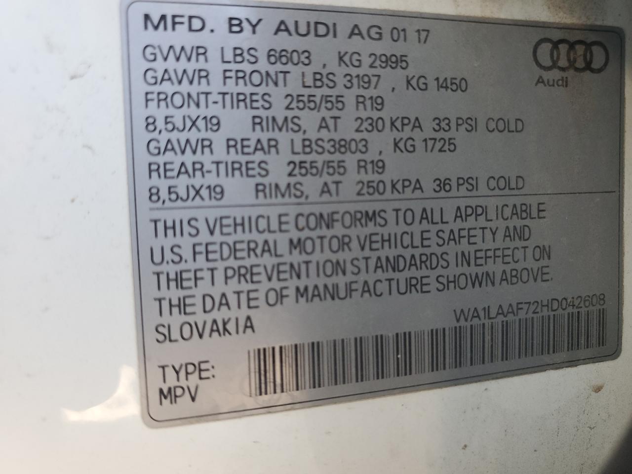 2017 Audi Q7 Premium Plus VIN: WA1LAAF72HD042608 Lot: 91991965