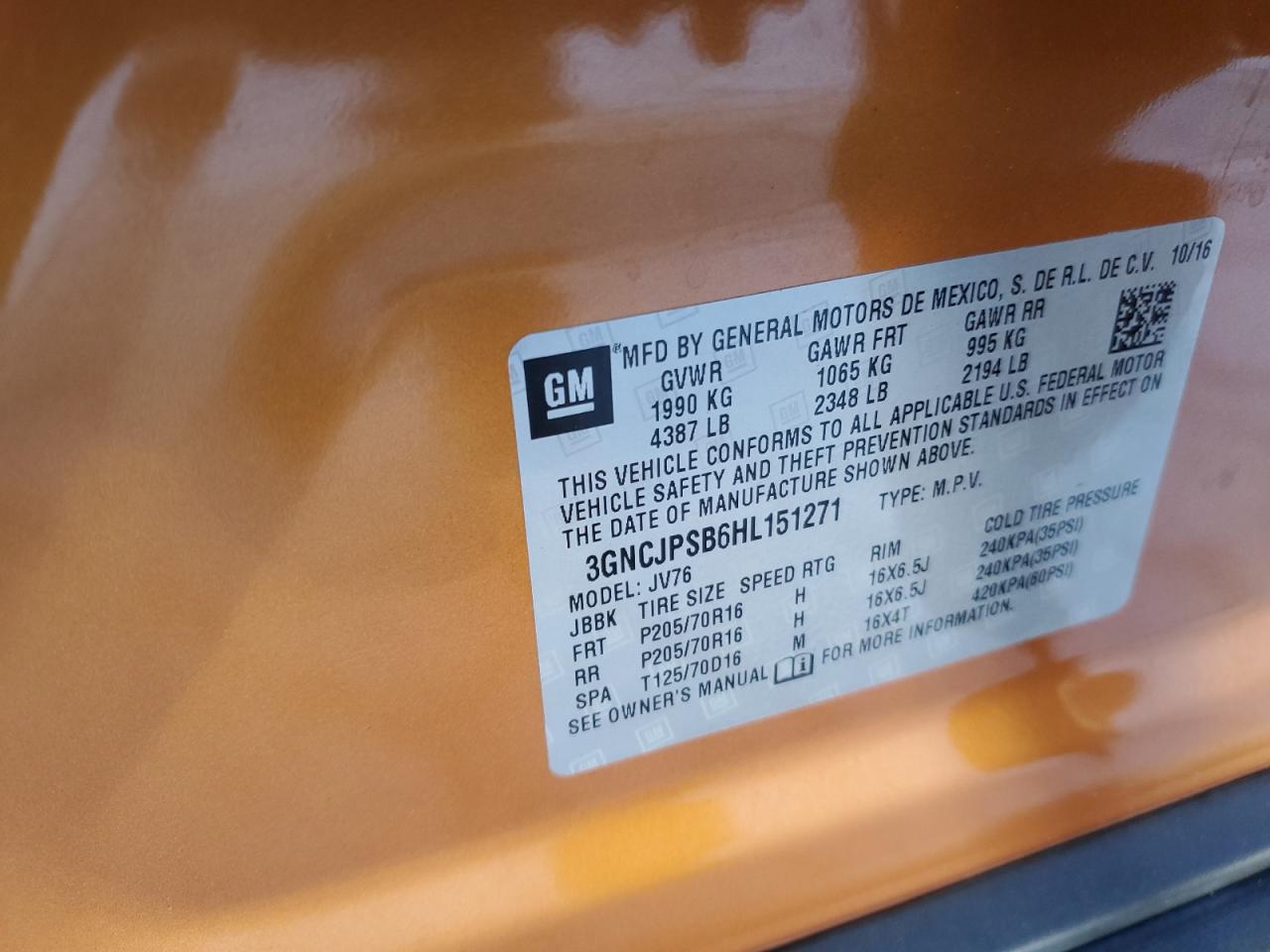 2017 Chevrolet Trax 1Lt VIN: 3GNCJPSB6HL151271 Lot: 91201065