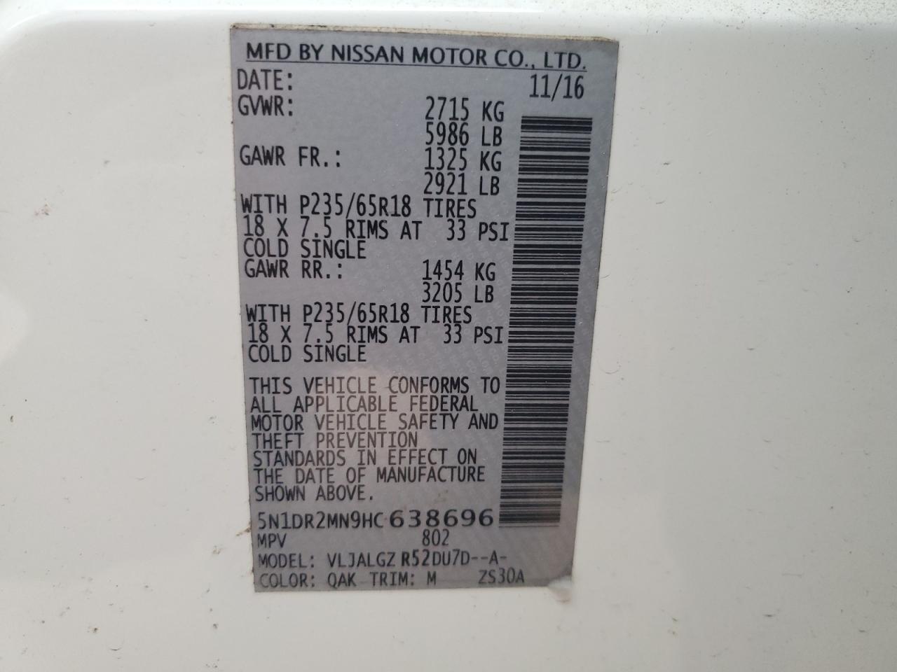 2017 Nissan Pathfinder S VIN: 5N1DR2MN9HC638696 Lot: 92733905