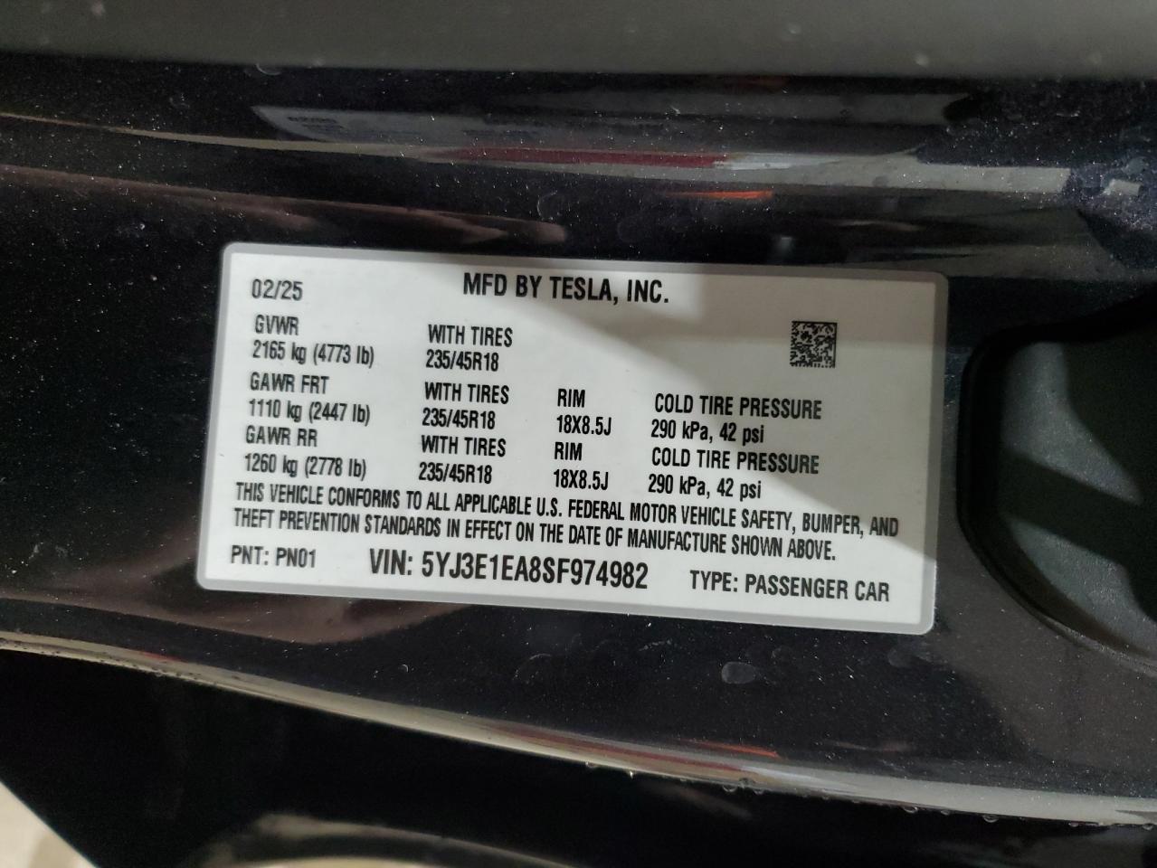 2025 Tesla Model 3 VIN: 5YJ3E1EA8SF974982 Lot: 92300845