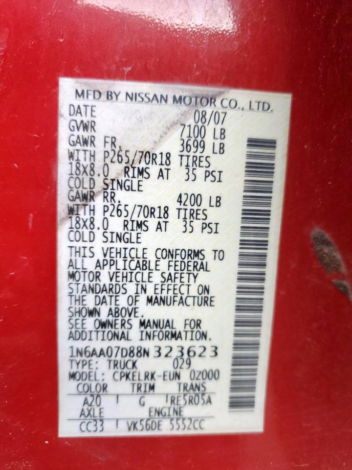 2008 Nissan Titan Xe VIN: 1N6AA07D88N323623 Lot: 92352135