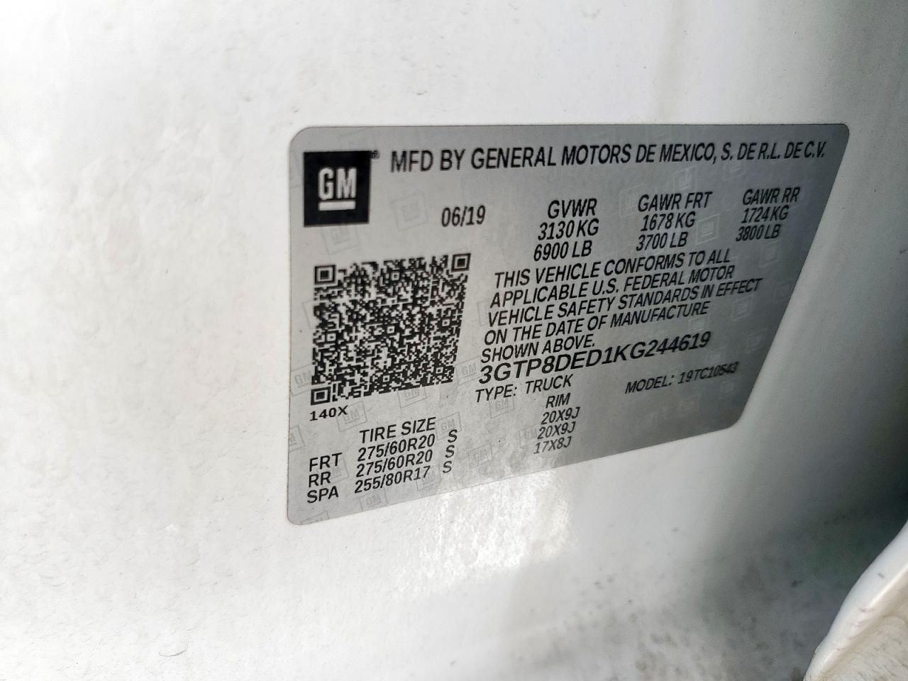 2019 GMC Sierra C1500 Slt VIN: 3GTP8DED1KG244619 Lot: 93551085