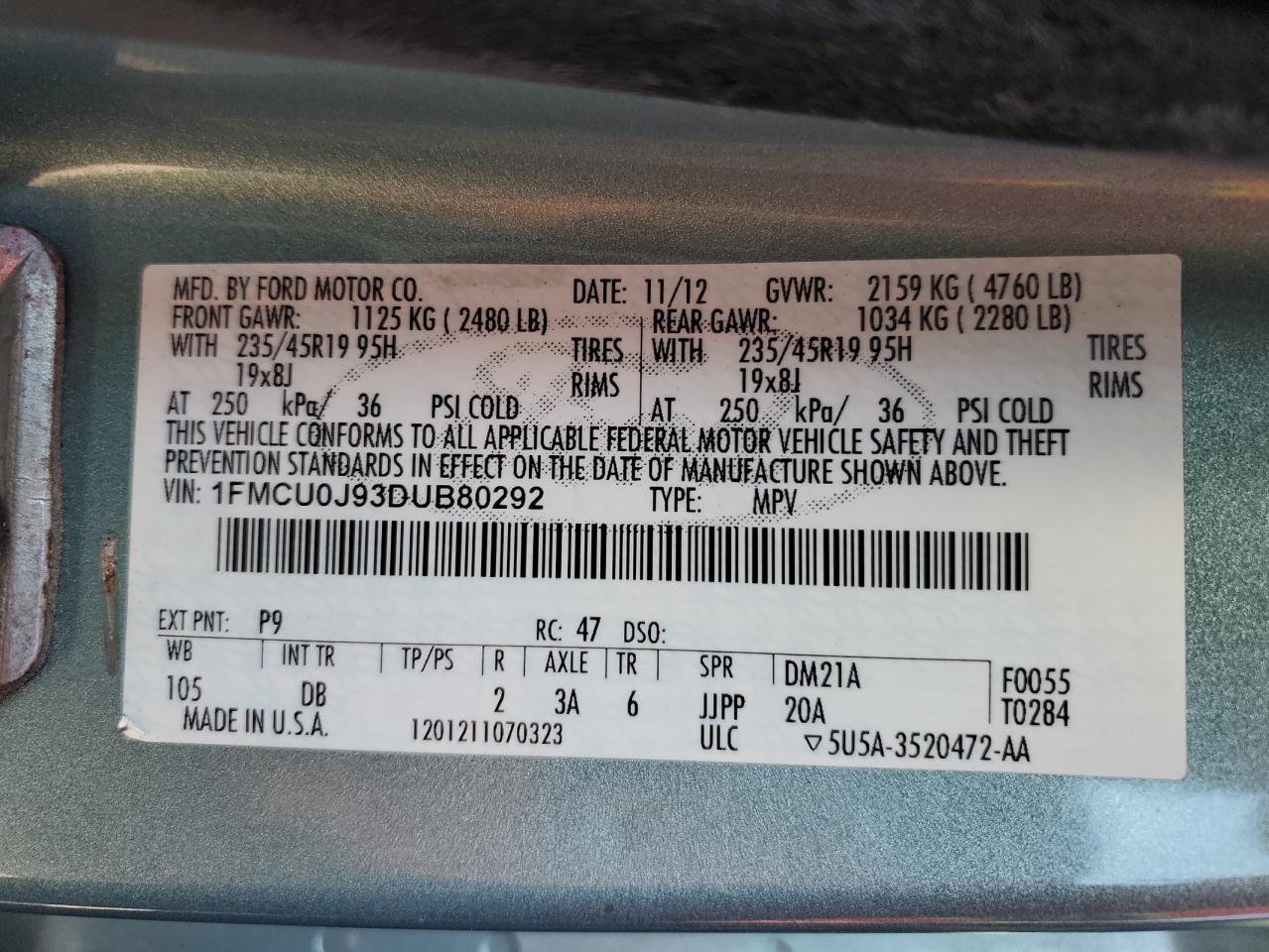 2013 Ford Escape Titanium VIN: 1FMCU0J93DUB80292 Lot: 90928125