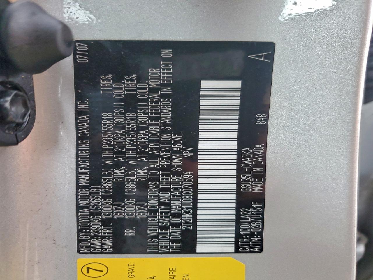 2008 Lexus Rx 350 VIN: 2T2HK31U08C070594 Lot: 94167255