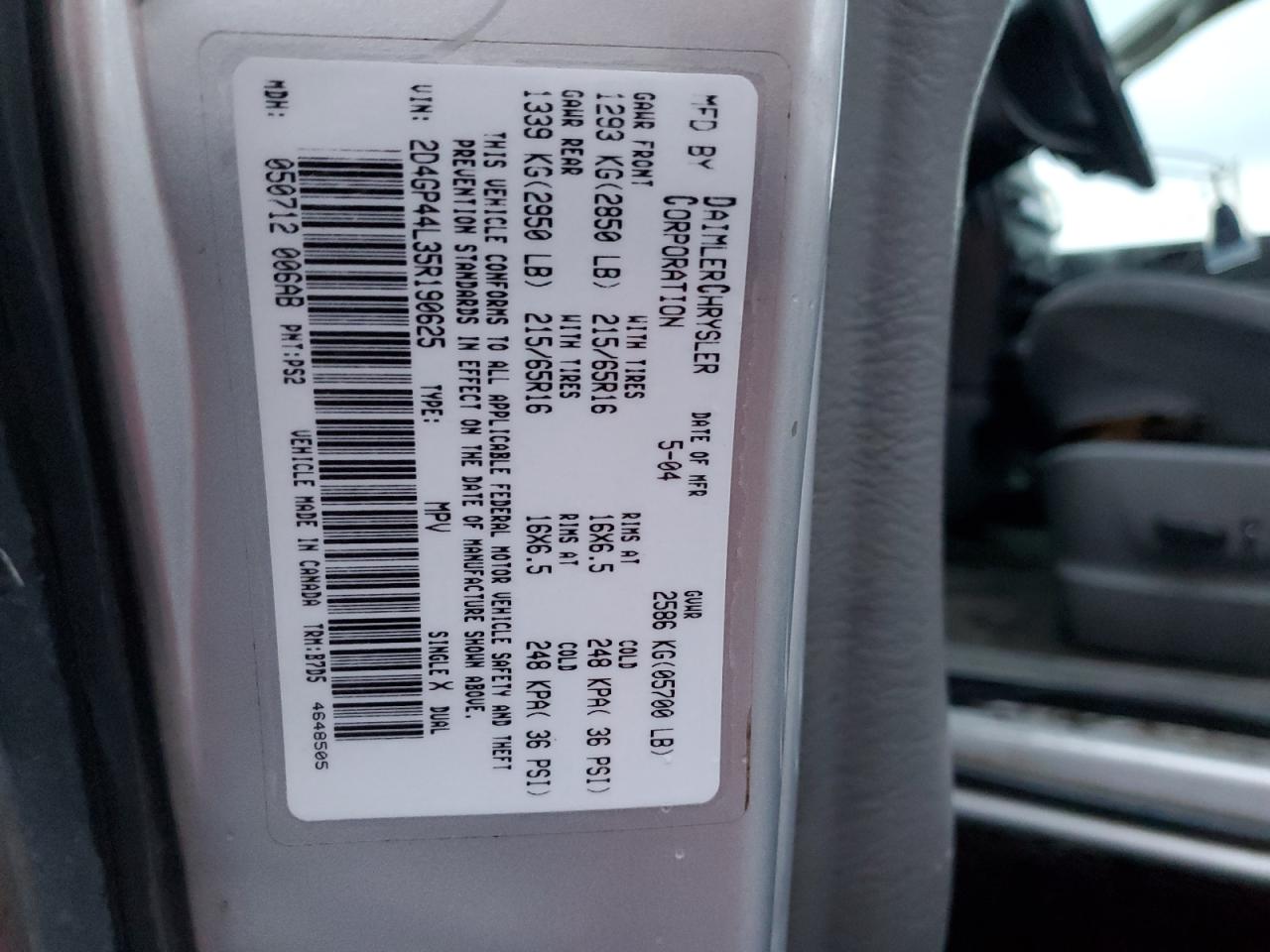 2005 Dodge Grand Caravan Sxt VIN: 2D4GP44L35R190625 Lot: 92952105