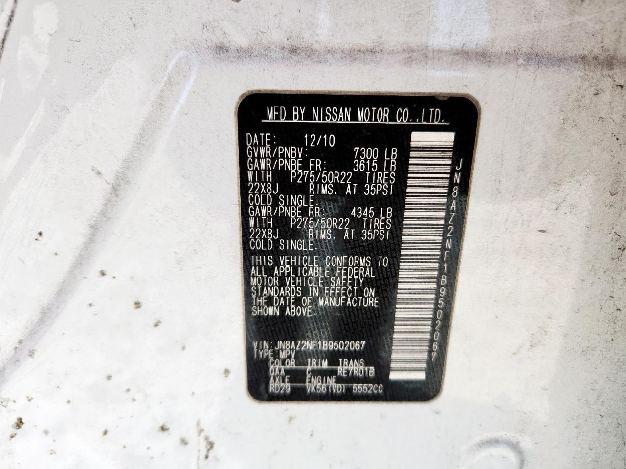 2011 Infiniti Qx56 VIN: JN8AZ2NF1B9502067 Lot: 91902395