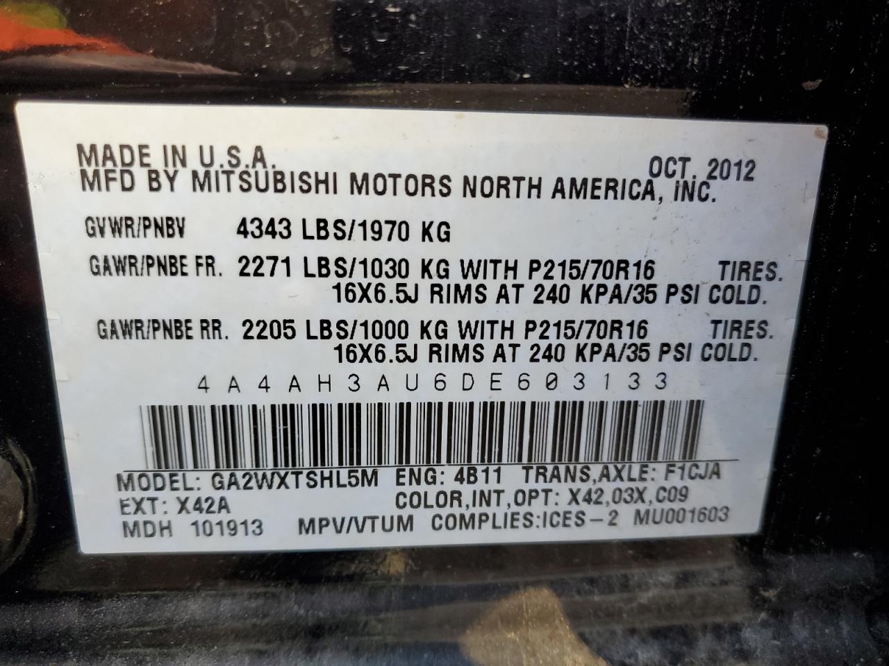 2013 Mitsubishi Rvr Se VIN: 4A4AH3AU6DE603133 Lot: 93712925