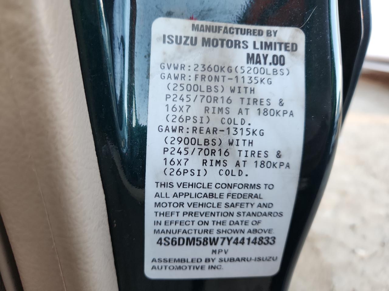 2000 Honda Passport Ex VIN: 4S6DM58W7Y4414833 Lot: 92814695