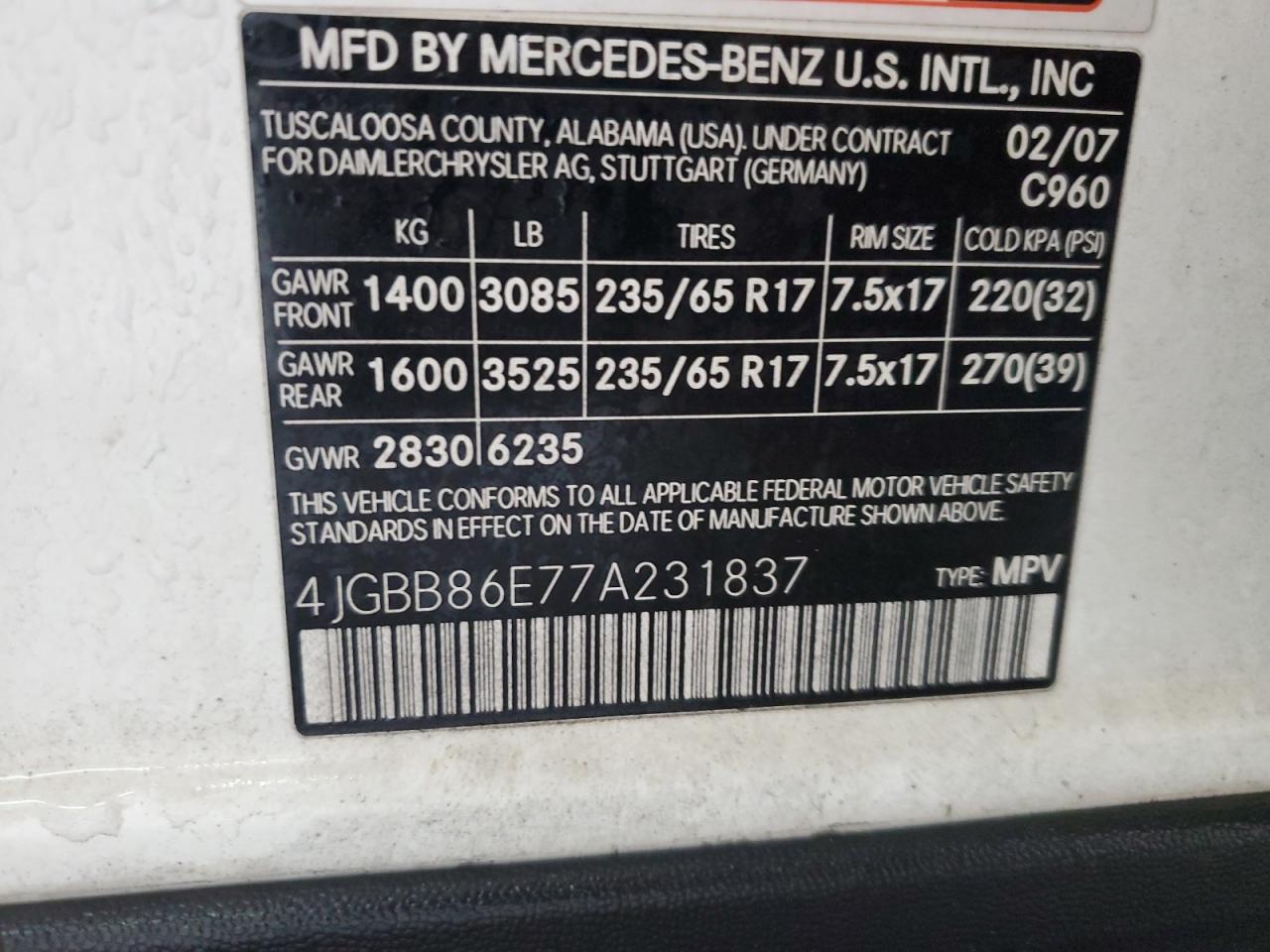 2007 Mercedes-Benz Ml 350 VIN: 4JGBB86E77A231837 Lot: 91982225